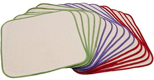 A spread out stack of green, purple, and red cloth baby wipes.