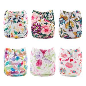 A set of 6 girl cloth diapers with flowers, feathers, and candy.